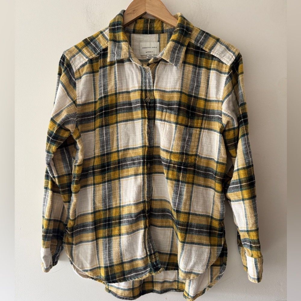 American Eagle Outfitters Yellow Green Plaid Button-Down Shirt